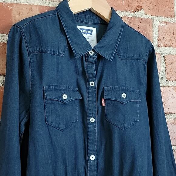 Levi's Girl's Long-Sleeve Button-Up Blue Chambray Shirt Dress 12 - Picture 3 of 14